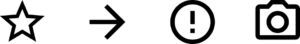 Vier Beispiel-Icons von Material Symbols: Stern, Pfeil nach rechts, Ausrufezeichen im Kreis und Fotokamera