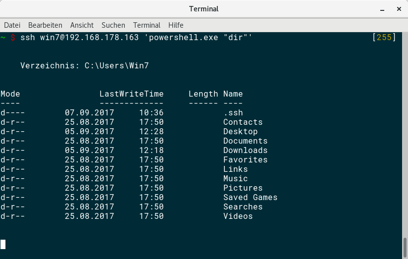 ssh win7@192.168.178.163 'powershell.exe "dir"'