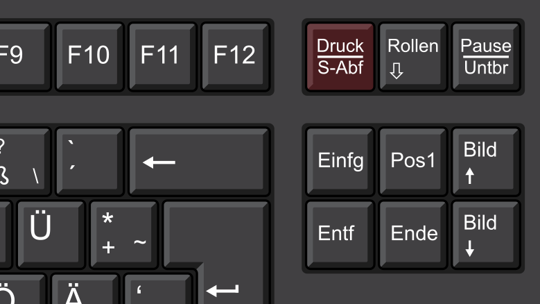 Ein Ausschnitt einer Tastatur: Die Druck/S-Abf-Taste ist rot markiert