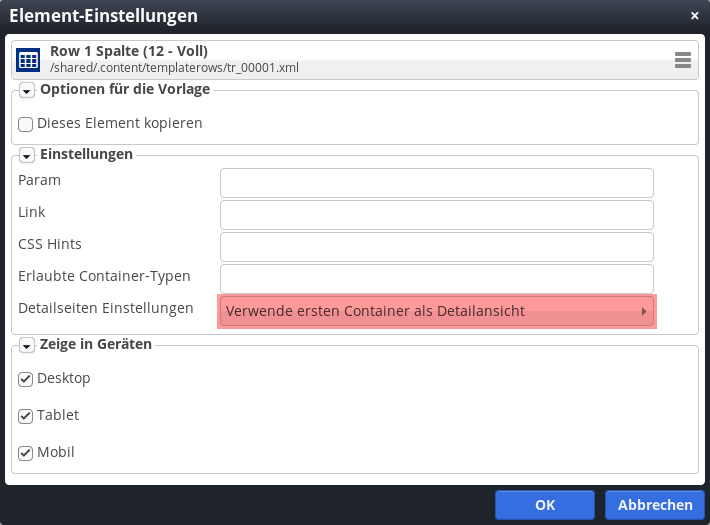 Die Element-Einstellungen des Containers