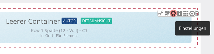 Ein kleines Zahnrad öffnet die Einstellungen eines Containers