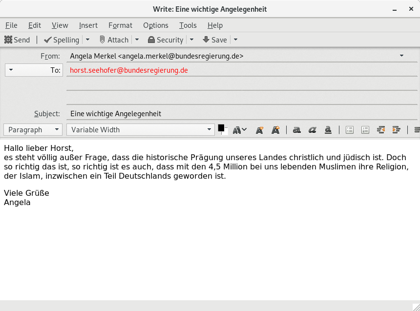 Eine E-Mail von angela.merkel@bundesregierung.de an horst.seehofer@bundesregierung.de