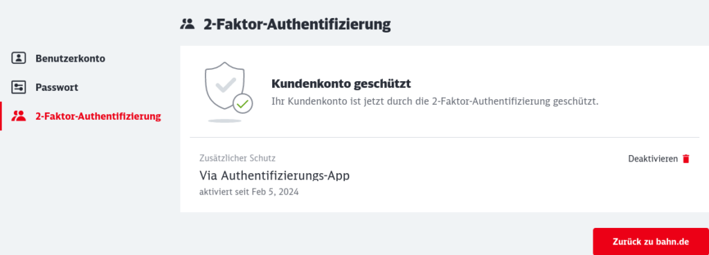 Ein Screenshot des „Account Manager“ der Deutschen Bahn. Der Tab „2-Faktor-Authentifizierung“ ist aktiviert. Dort steht der Text: „Kundenkonto geschützt. Zusätzlicher Schutz via Authentifizierungs-App“. Darunter nur ein Link zurück zur Seite der Bahn.